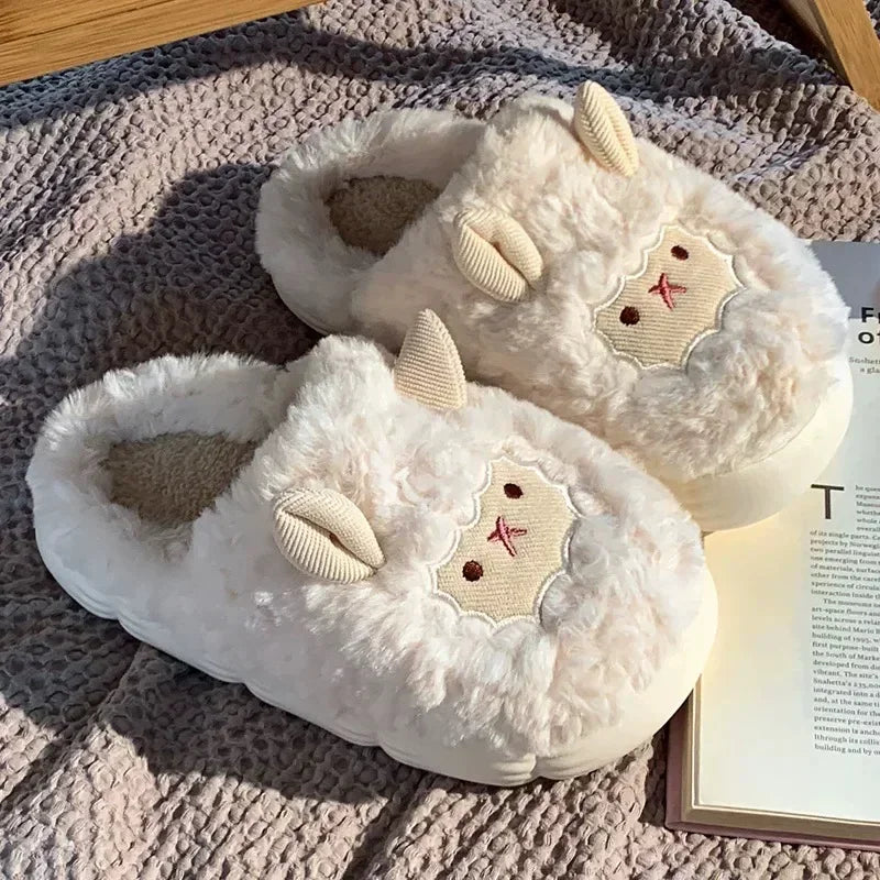 Fluffy Sheep Plush Slippers – Warm Faux Fur Winter House Shoes