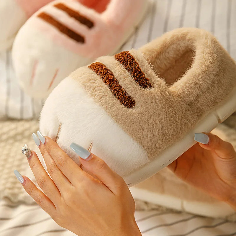 Cat Paw Plush Slippers – Fluffy Fleece-Lined Winter House Shoes