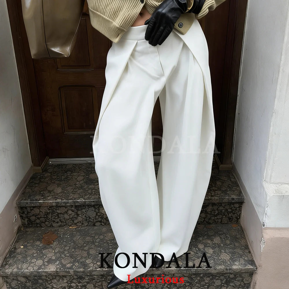 Wide Leg Pleated Trousers – Women's Casual Chic Office Pants with Pockets