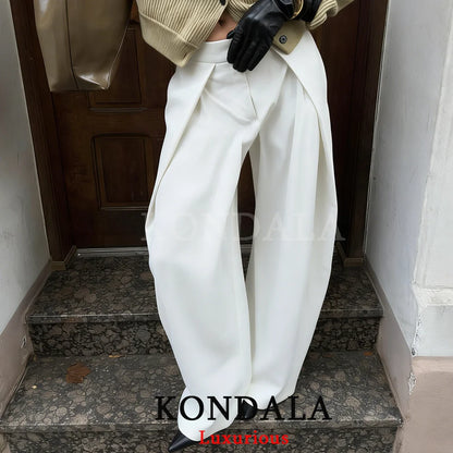 Wide Leg Pleated Trousers – Women's Casual Chic Office Pants with Pockets
