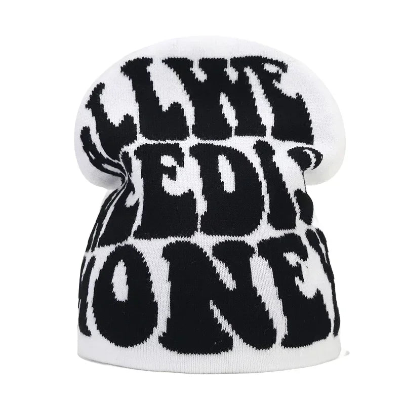 Y2K Letter Print Knit Beanie Hat – Unisex Winter Cap