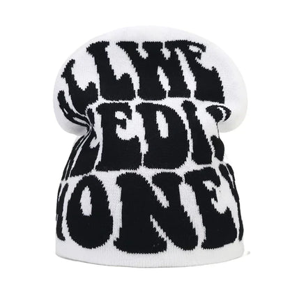 Y2K Letter Print Knit Beanie Hat – Unisex Winter Cap
