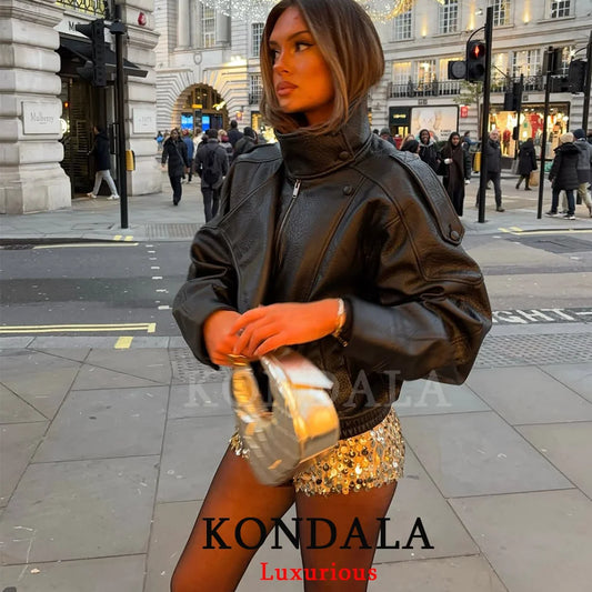 Women's Oversized Faux Leather Jacket – Casual Chic Long Sleeve Coat