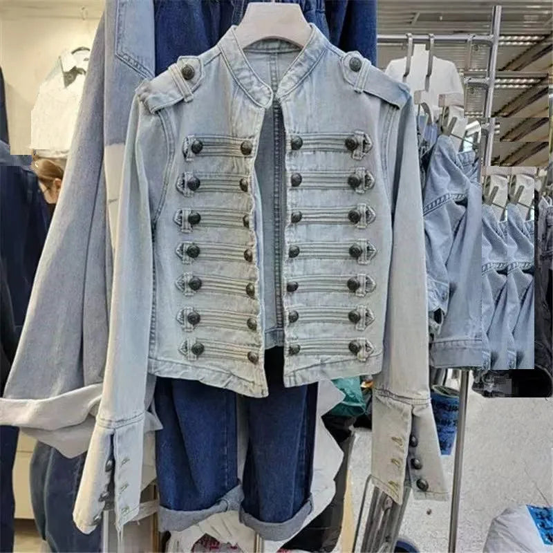 Women's Cropped Military Denim Jacket – Streetwear Style