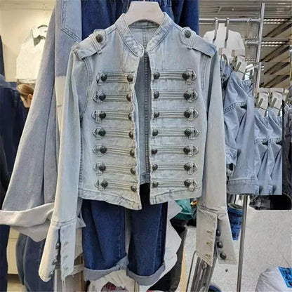 Women's Cropped Military Denim Jacket – Streetwear Style