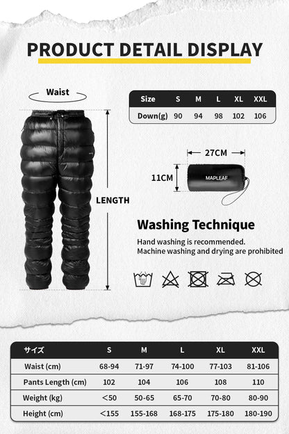 Mapleaf Down Pants – 800FP Ultralight Warm Winter Trousers, Windproof & Waterproof