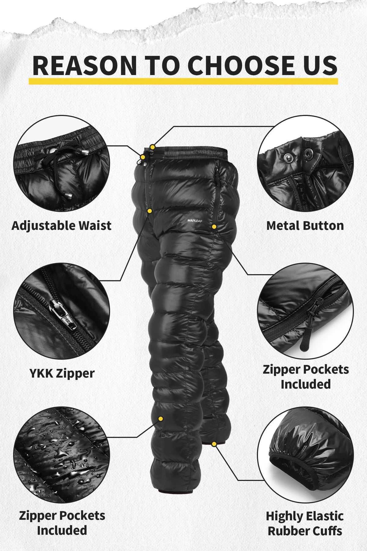 Mapleaf Down Pants – 800FP Ultralight Warm Winter Trousers, Windproof & Waterproof