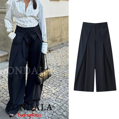 Wide Leg Pleated Trousers – Women's Casual Chic Office Pants with Pockets