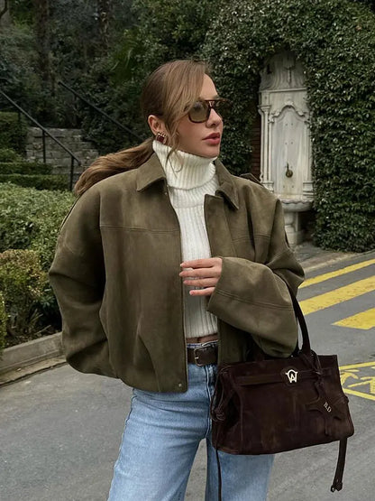 Women's Oversized Suede Coat – Batwing Sleeve Zip-Up Winter Jacket