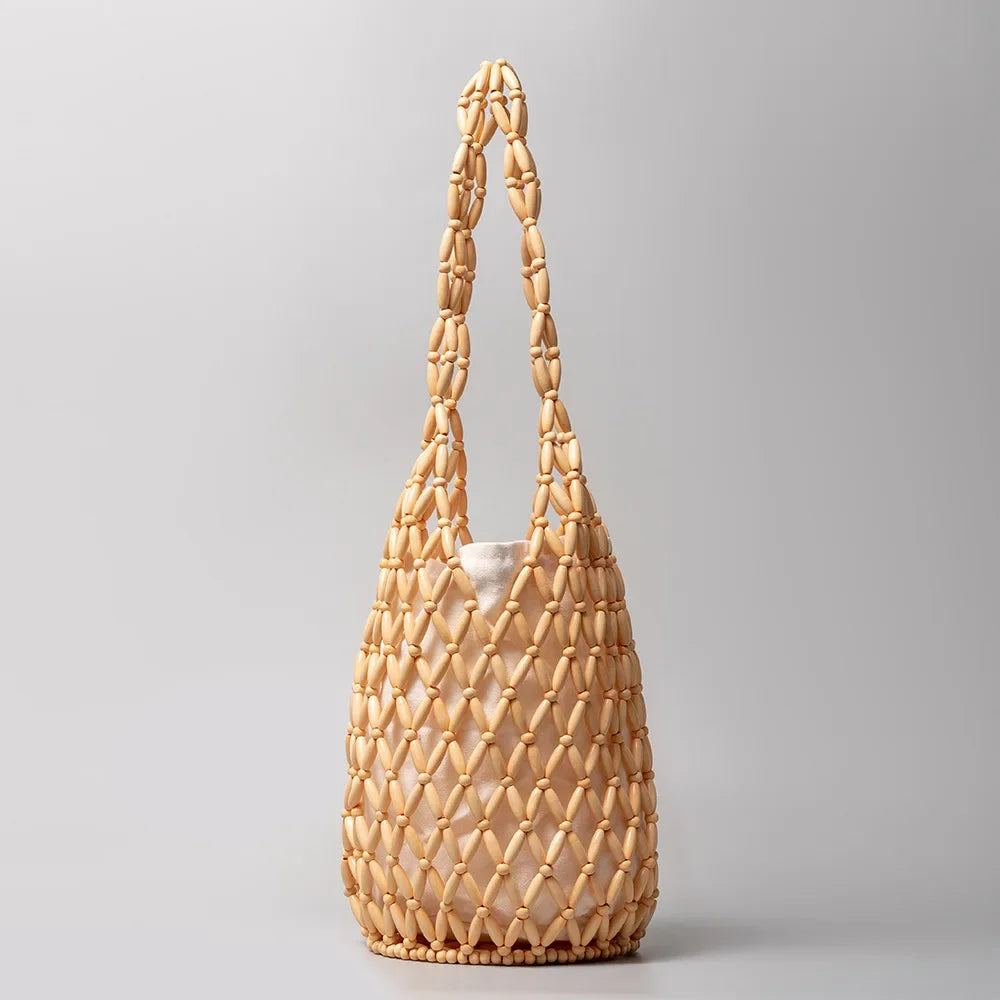 Women's Woven Tote Bag – Hollow-Out Wooden Bead Bucket Shoulder Bag