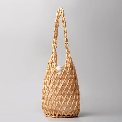 Women's Woven Tote Bag – Hollow-Out Wooden Bead Bucket Shoulder Bag