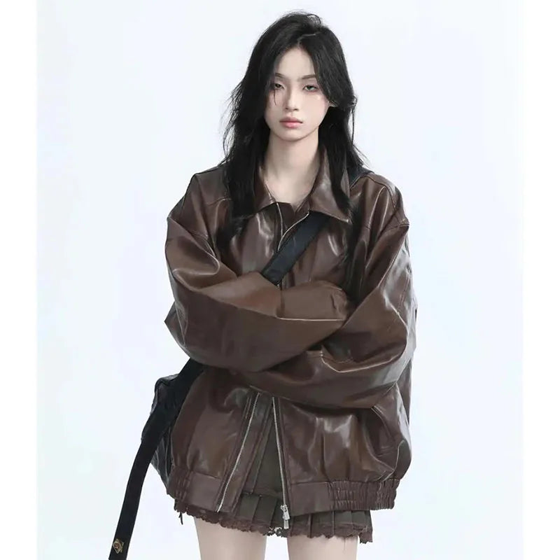 Women's Retro Faux Leather Jacket – Oversized PU Zip Coat