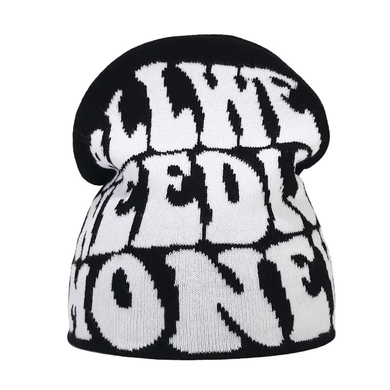 Y2K Letter Print Knit Beanie Hat – Unisex Winter Cap