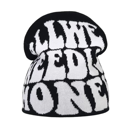 Y2K Letter Print Knit Beanie Hat – Unisex Winter Cap