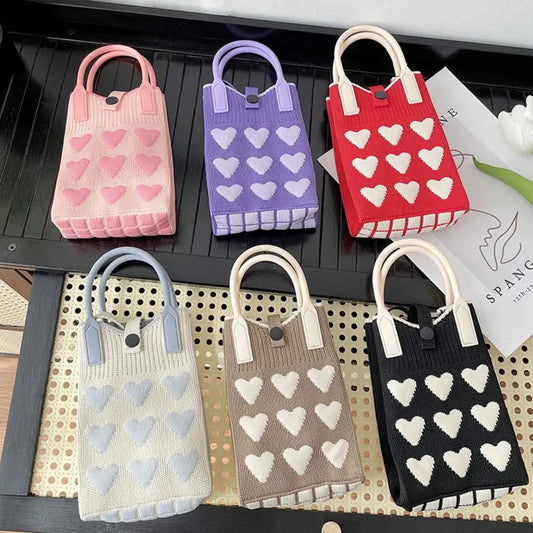 Knitted Mini Crossbody Bag for Women – Cute Heart Pattern Phone Purse