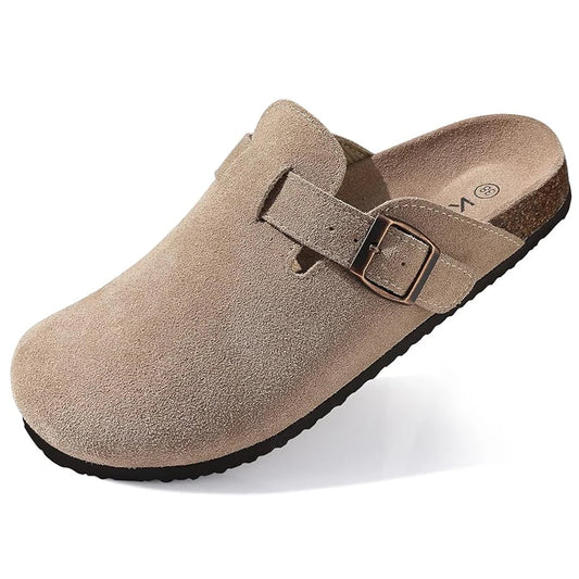 Women's Suede Mule Clogs – Cork Footbed & Arch Support