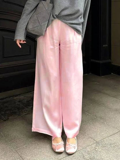 Women's Satin Wide Leg Pants – Elastic Waist Loose Fit Trousers