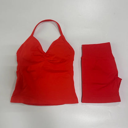 Seamless 2-Piece Gym Set for Women – Backless Tank Top & Scrunch Shorts
