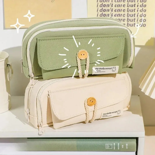 Large Canvas Pencil Case for Students – Cute Multi-Pocket Pouch