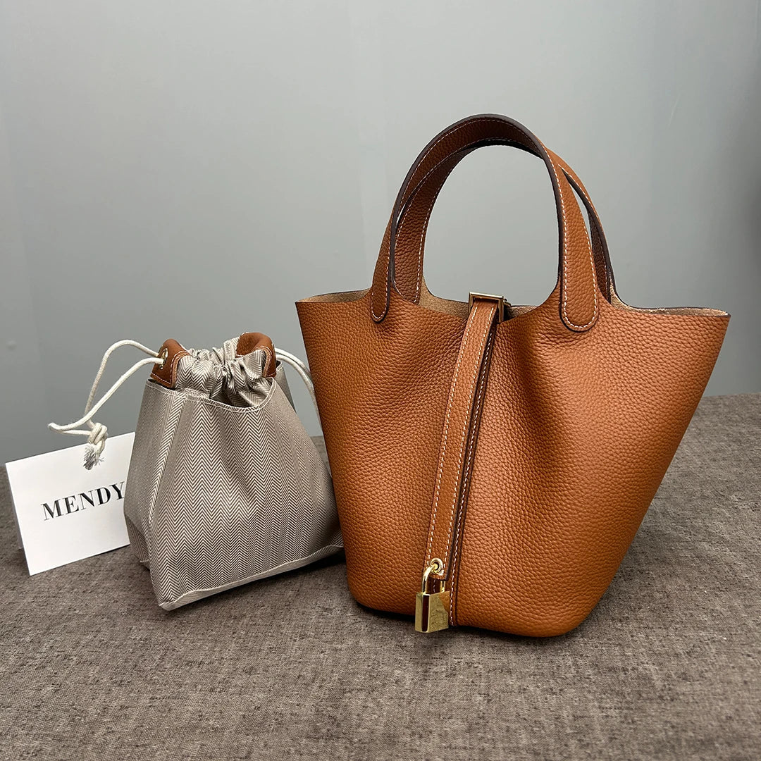 Genuine Leather Bucket Tote Bag for Women – Luxury Designer Handbag