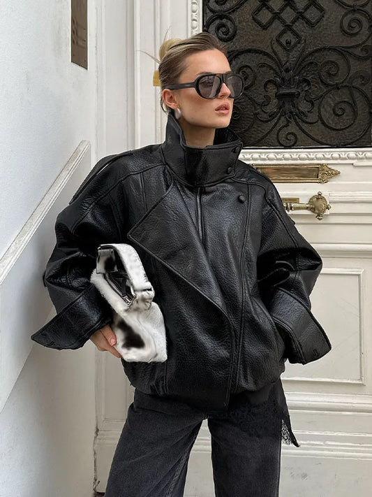 Women's Oversized Faux Leather Jacket Asymmetric Button Loose Coat