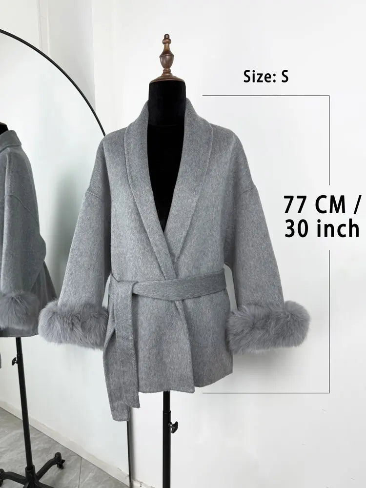 Women's Wool Coat with Fox Fur Cuffs – Elegant Belted Wrap Cardigan