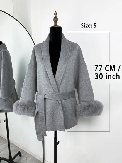 Women's Wool Coat with Fox Fur Cuffs – Elegant Belted Wrap Cardigan