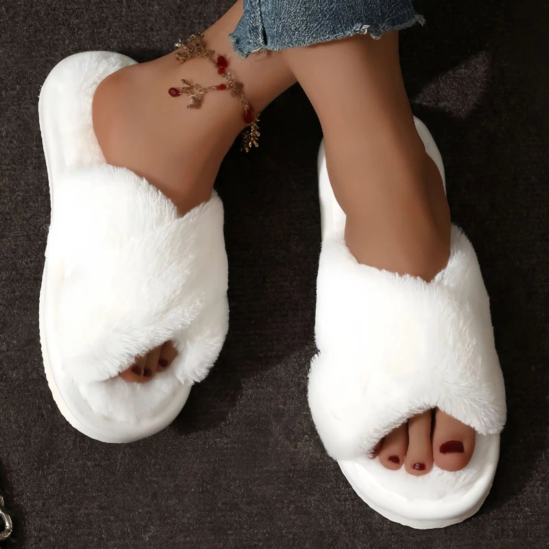 Fluffy Cross Band Slippers – Women's Open Toe Plush Cozy House Shoes