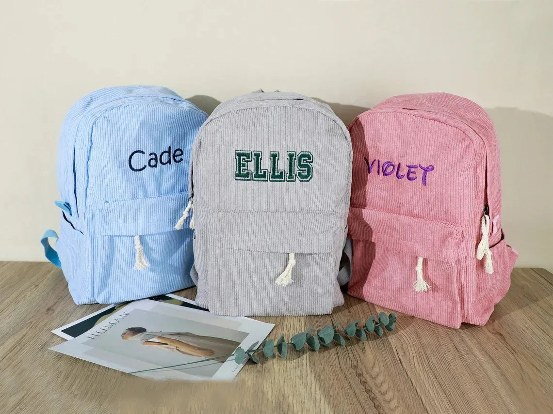 Personalized Kids Corduroy Backpack – Embroidered Name School Bag
