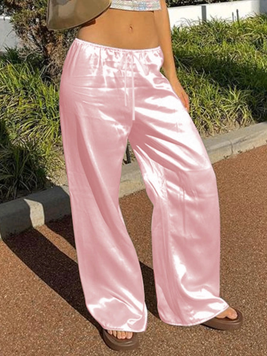Women's Satin Wide Leg Pants – Elastic Waist Loose Fit Trousers