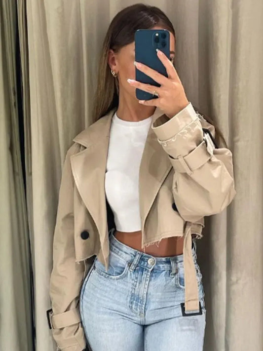 Cropped Trench Jacket Women – Double Breasted Belt Coat