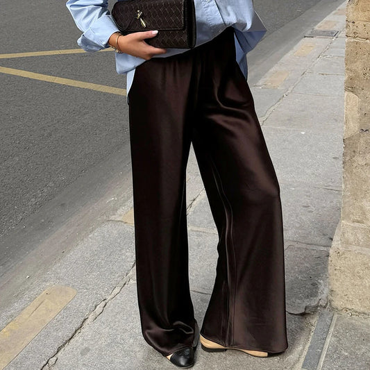 Women's Satin Wide Leg Pants – Elegant High Waist Trousers
