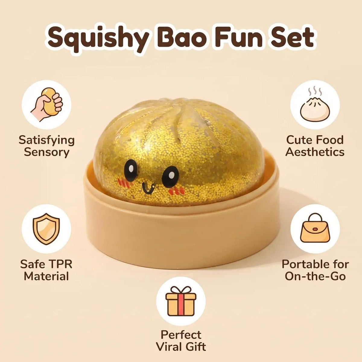 Glitter Squishy Stress Ball – Sparkle Bun Fidget Toy in Steamer Basket