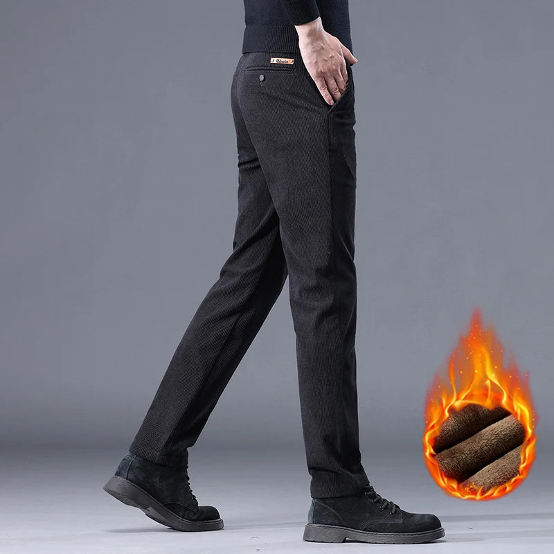 Men's Fleece-Lined Corduroy Pants – Thick Stretch Business Trousers