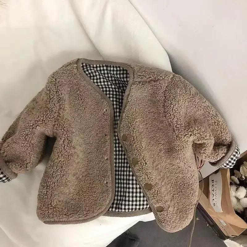 Kids' Reversible Sherpa Jacket – Warm Plush & Plaid Coat for Toddlers