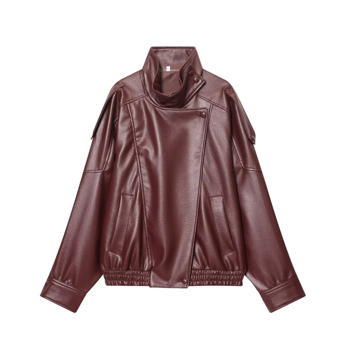 Women's Oversized Faux Leather Jacket – Button-Up Elastic Hem Coat