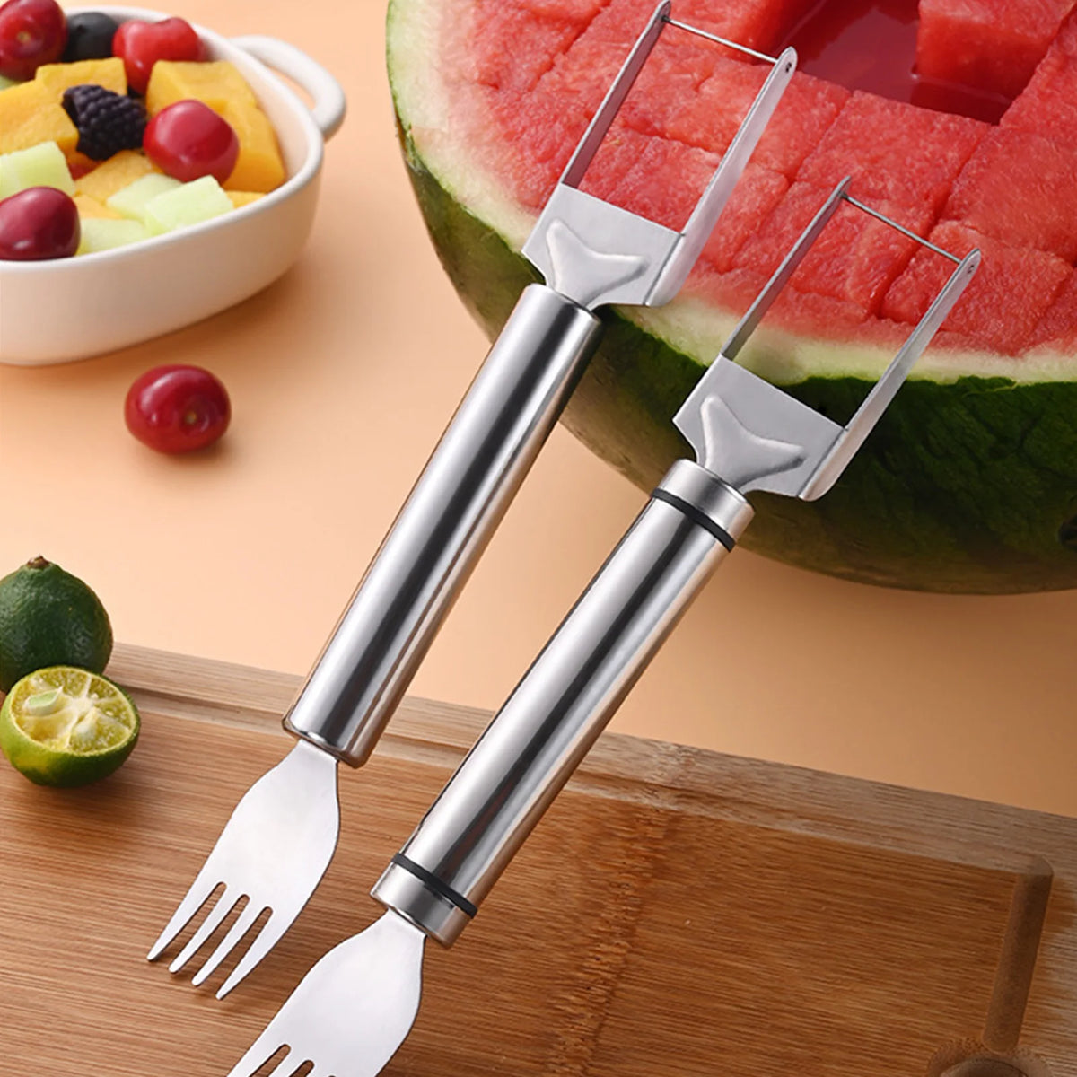 Watermelon Slicer & Fork – 2-in-1 Stainless Steel Fruit Cutting Tool