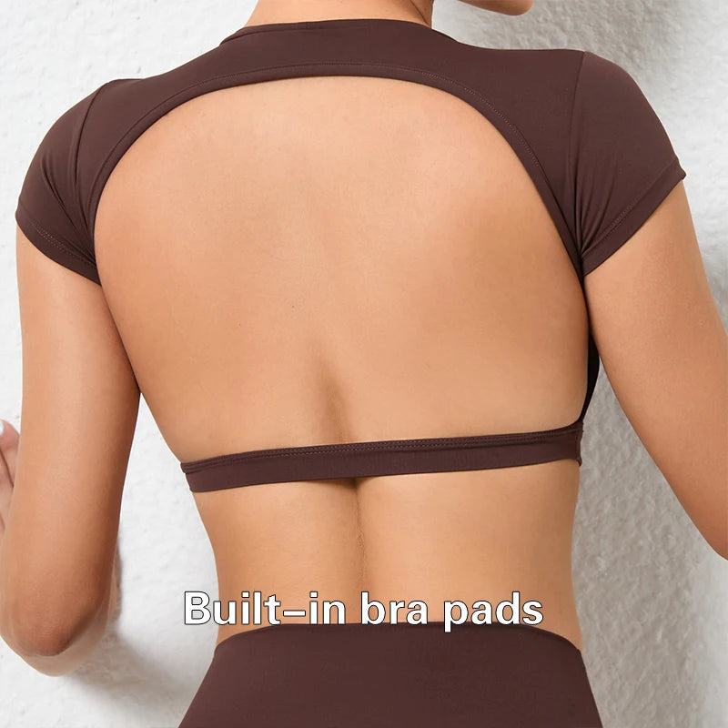 Women's Workout Crop Top – Backless Yoga Shirt with Built-In Chest Pads