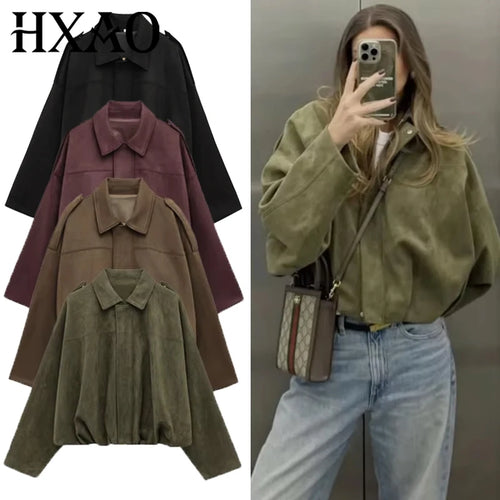 Cropped Bomber Jacket Women Suede Lapel Zip-Up Street Coat