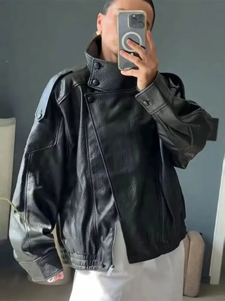 Faux Leather Moto Jacket for Women – Oversized PU Streetwear Coat