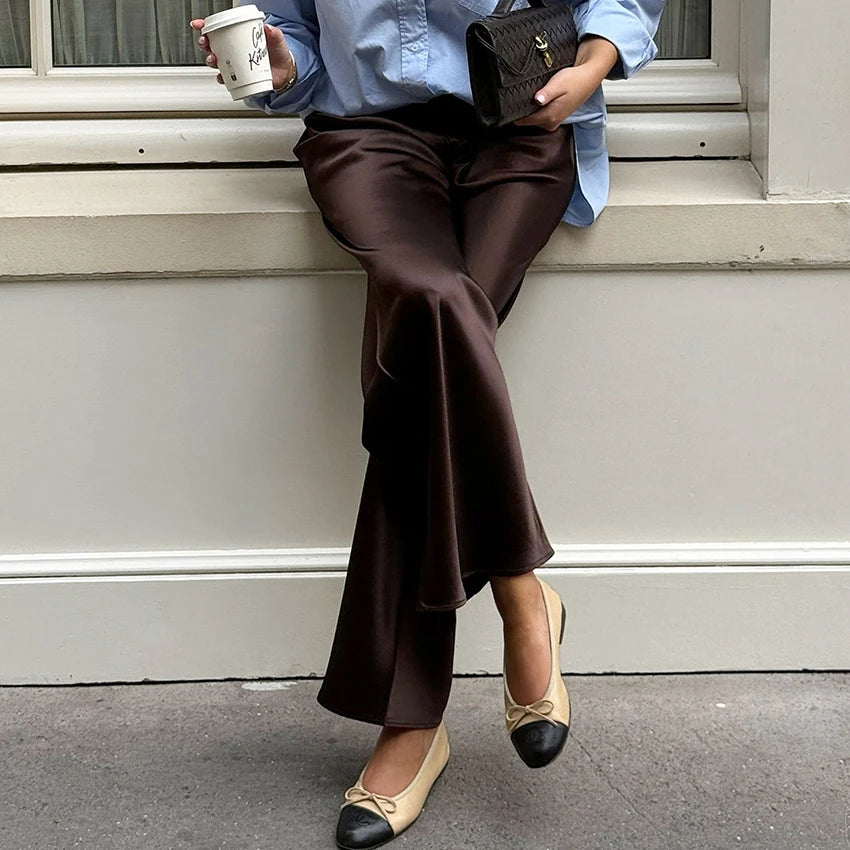 Women's Satin Wide Leg Pants – Elegant High Waist Trousers
