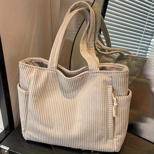 Casual Corduroy Handbag Zipper Closure Light Large Capacity Fixed Shoulder Strap Solid Color Daily