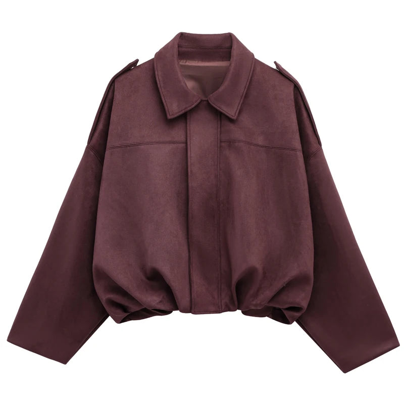 Cropped Bomber Jacket Women Suede Lapel Zip-Up Street Coat