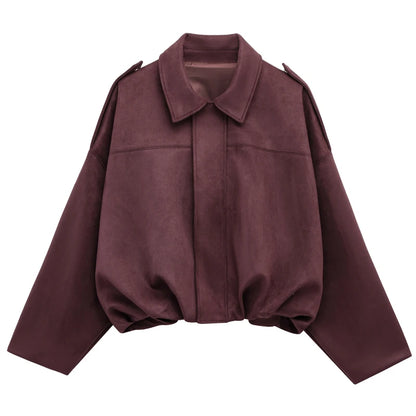 Cropped Bomber Jacket Women Suede Lapel Zip-Up Street Coat
