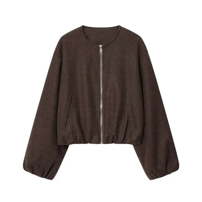 Women's Loose Zip-Up Bomber Jacket – Casual Long Sleeve Outerwear