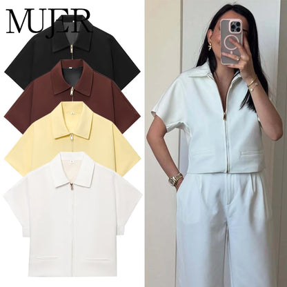 Women's Cropped Zip-Up Jacket Short Sleeve Summer Varsity Coat