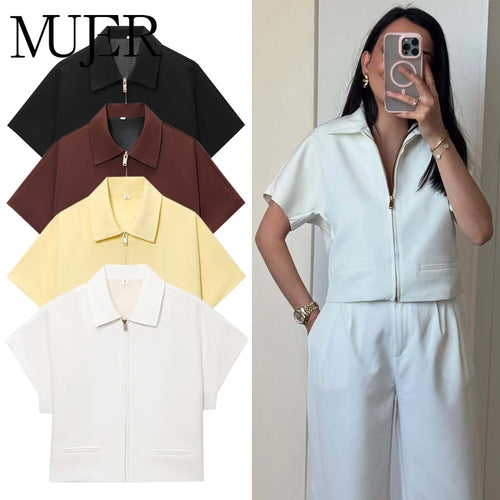 Women's Cropped Zip-Up Jacket Short Sleeve Summer Varsity Coat