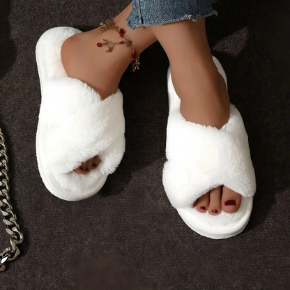 Women's Cross Strap Faux Fur Slippers – Cozy Indoor House Shoes
