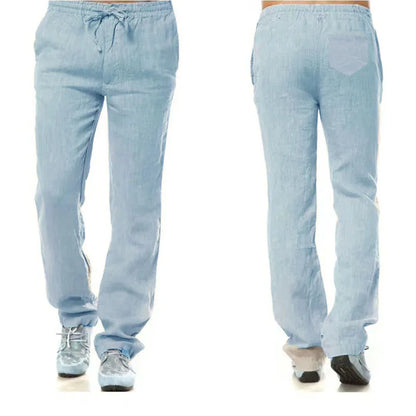 Men's Cotton Linen Pants – Breathable Drawstring Trousers with Back Pocket