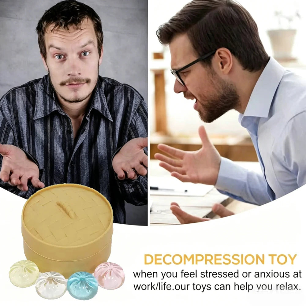 Squishy Dumpling Bun Fidget Toy Set – 5 Mini Buns + Steamer